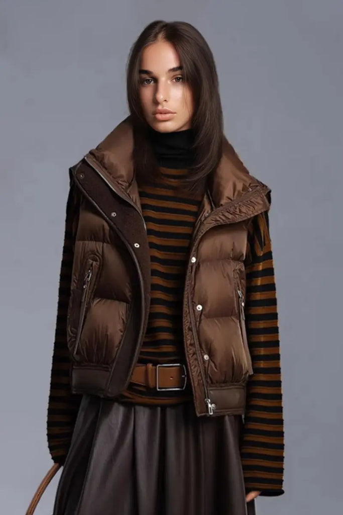 Fibflx Women's Lightweight Puffer Bomber Down Vest with Leather Trim