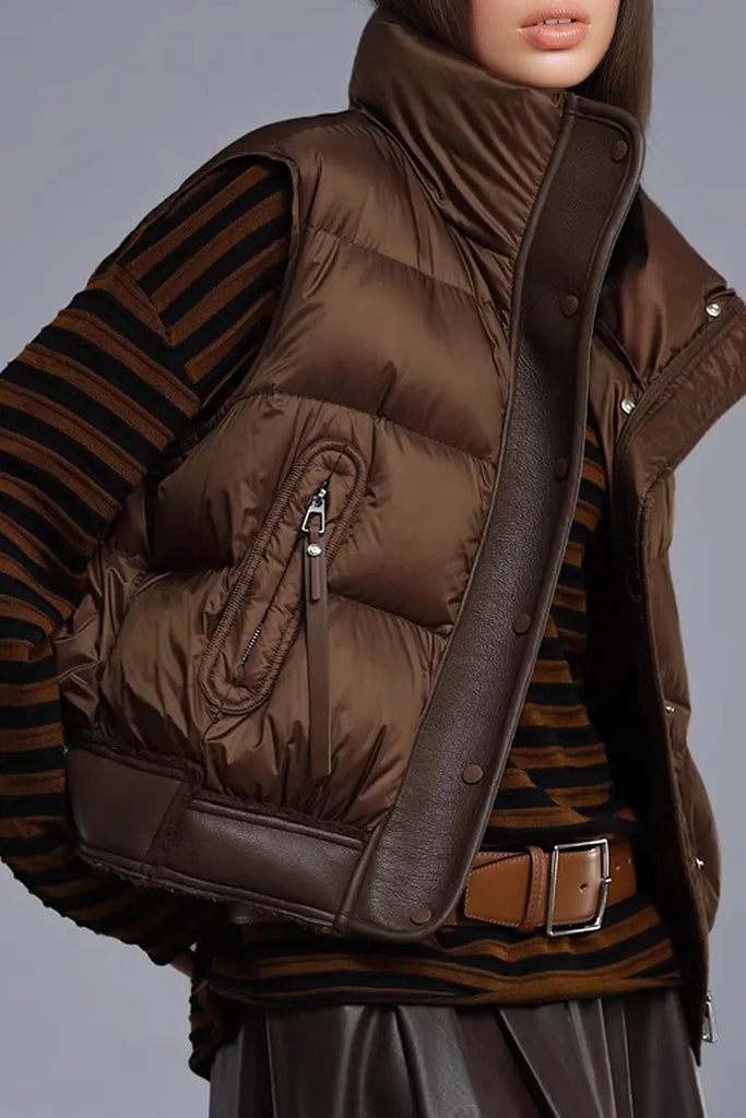 Fibflx Women's Lightweight Puffer Bomber Down Vest with Leather Trim