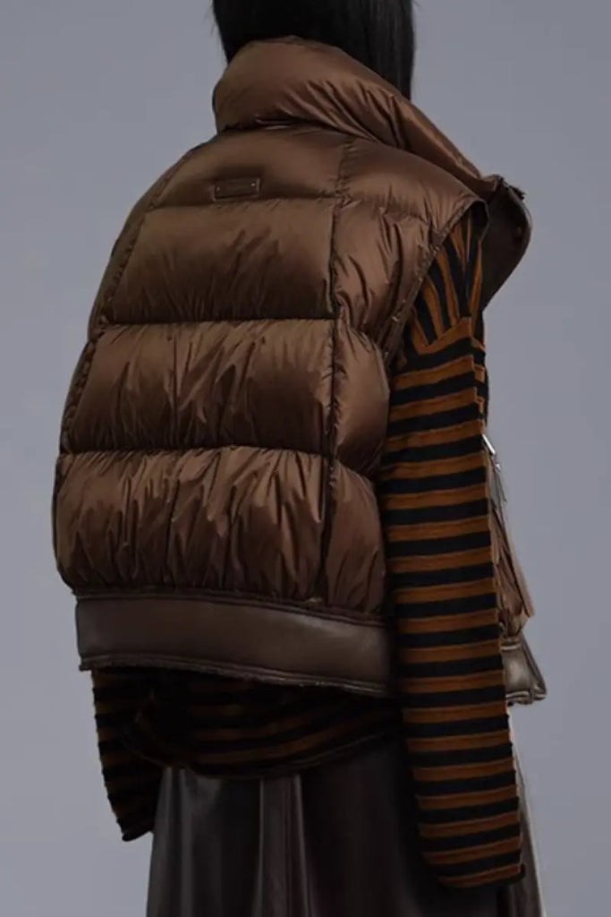 Fibflx Women's Lightweight Puffer Bomber Down Vest with Leather Trim