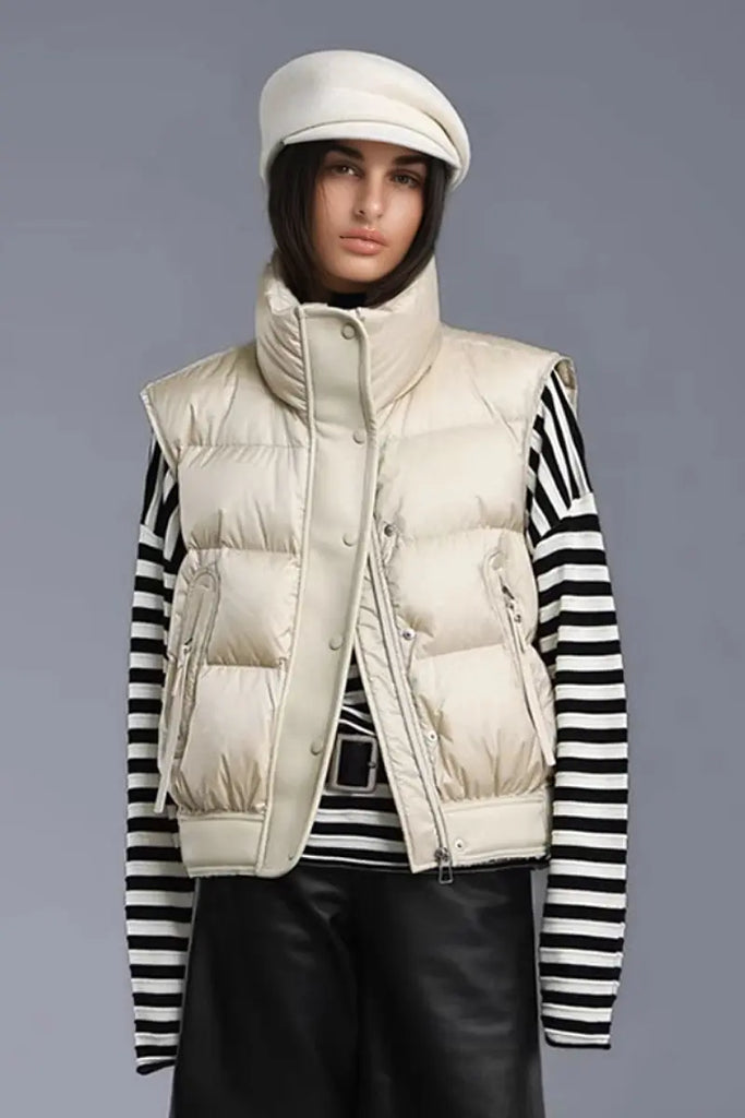 Fibflx Women's Lightweight Puffer Bomber Down Vest with Leather Trim