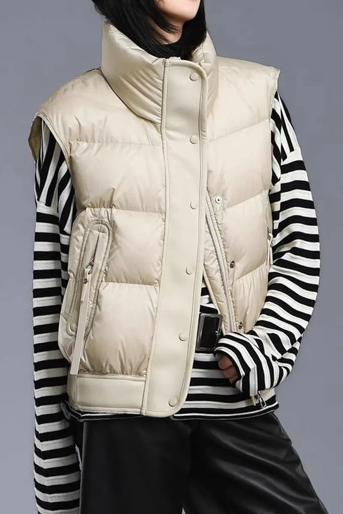 Fibflx Women's Lightweight Puffer Bomber Down Vest with Leather Trim