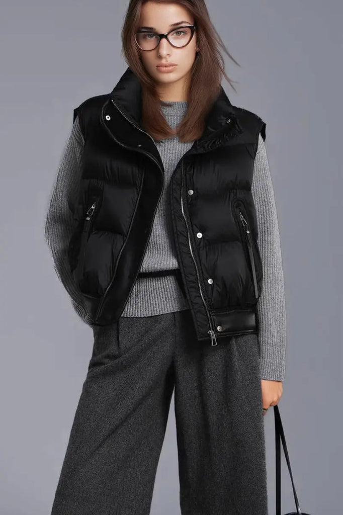 Fibflx Women's Lightweight Puffer Bomber Down Vest with Leather Trim
