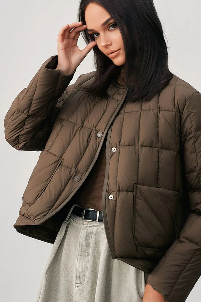 Fibflx Women's Lightweight Quilted Cropped Jacket with Snap Button