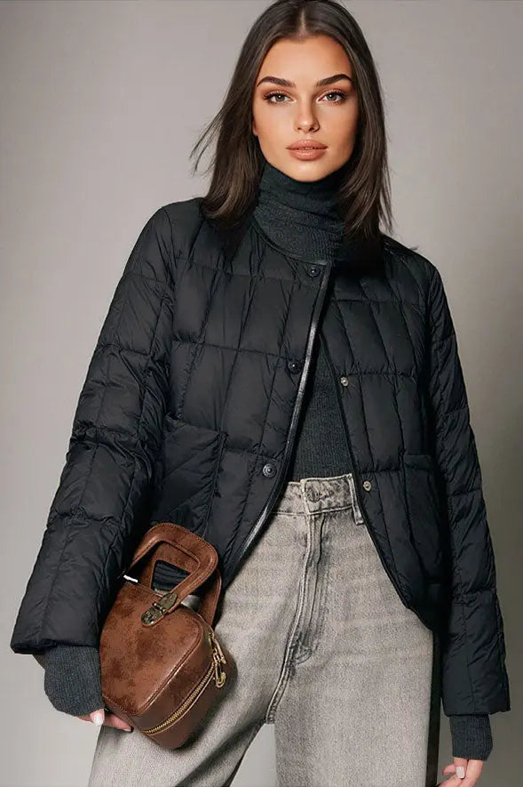 Fibflx Women's Lightweight Quilted Cropped Jacket with Snap Button