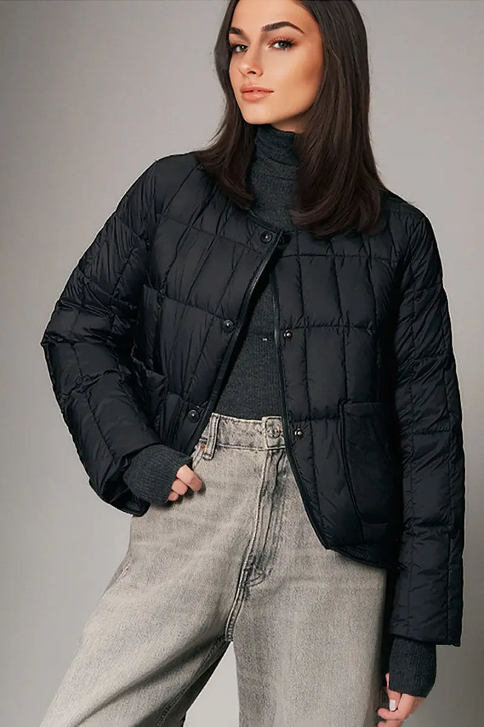 Fibflx Women's Lightweight Quilted Cropped Jacket with Snap Button