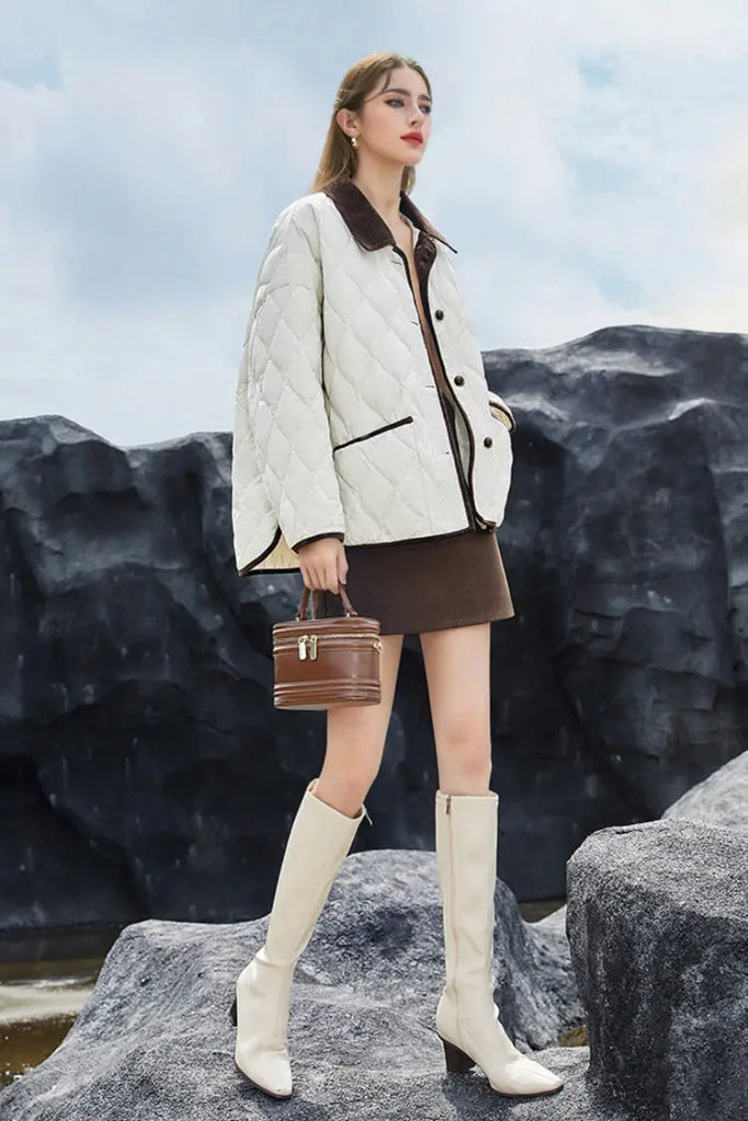 Fibflx Women's Lightweight Quilted Down Puffer Jacket with Corduroy Collar