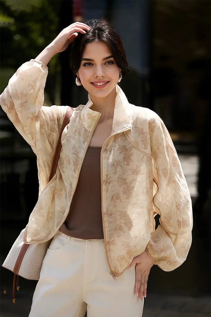 Lightweight Sheer Jacquard Bomber Jacket in Tencel Fibflx