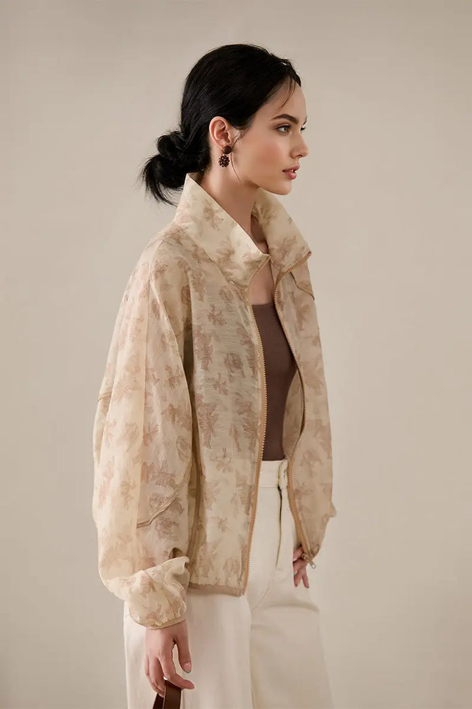Lightweight Sheer Jacquard Bomber Jacket in Tencel Fibflx