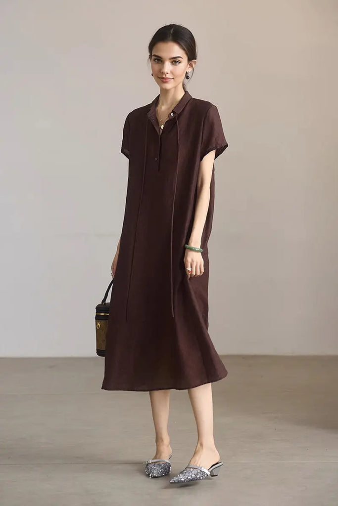 Linen-Blend Jacquard A-Line Shirt Dress in Brown  Fibflx