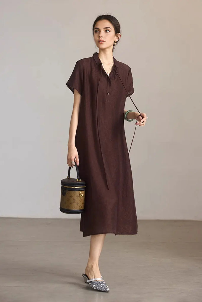 Linen-Blend Jacquard A-Line Shirt Dress in Brown  Fibflx