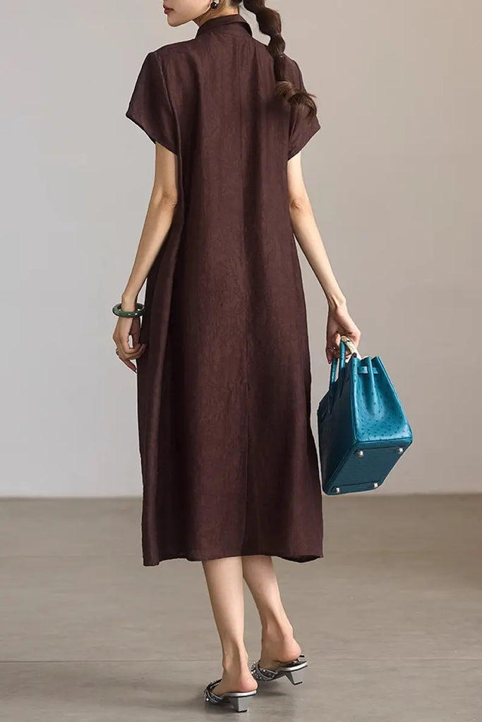Linen-Blend Jacquard A-Line Shirt Dress in Brown  Fibflx
