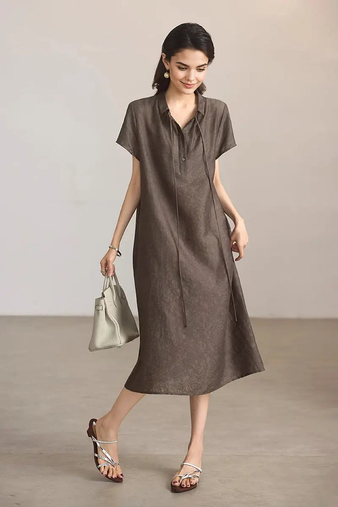 Linen-Blend Jacquard A-Line Shirt Dress in Grey  Fibflx