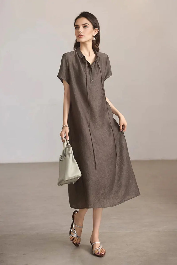 Linen-Blend Jacquard A-Line Shirt Dress in Grey  Fibflx