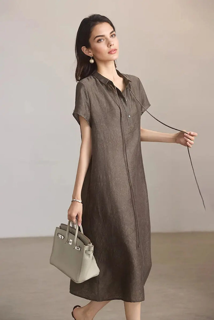 Linen-Blend Jacquard A-Line Shirt Dress in Grey  Fibflx
