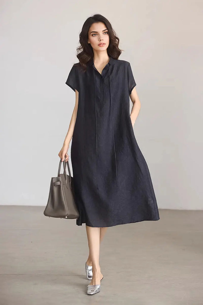 Linen-Blend Jacquard A-Line Shirt Dress in Navy Blue  Fibflx