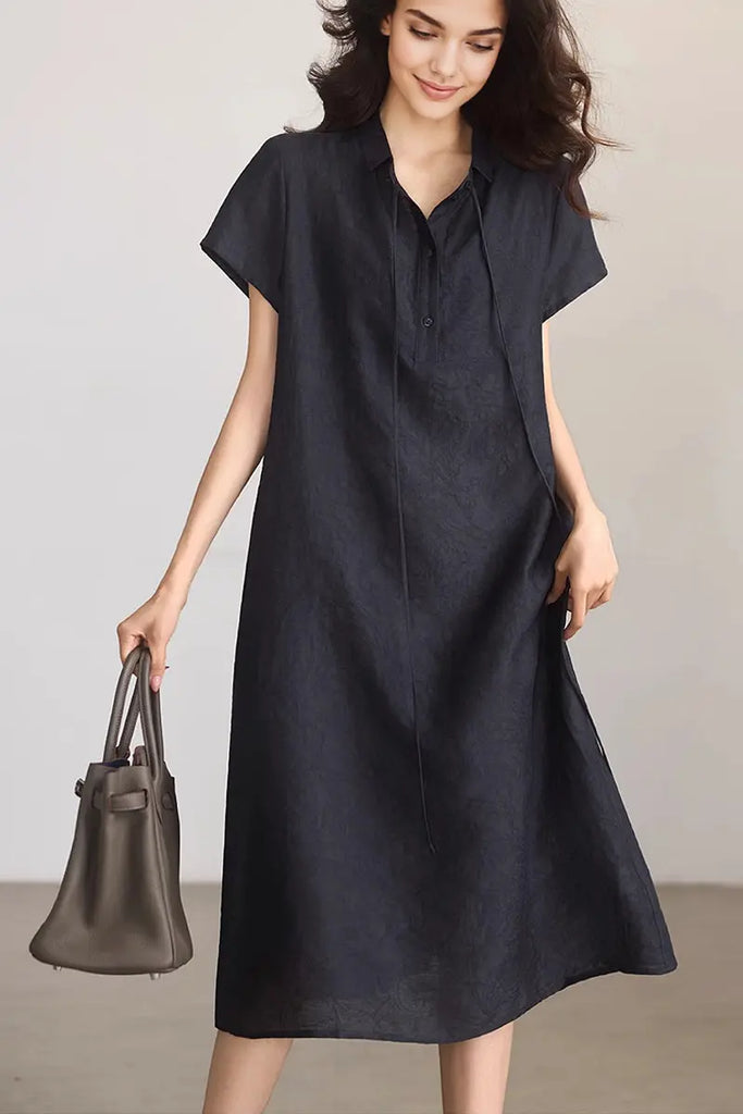 Linen-Blend Jacquard A-Line Shirt Dress in Navy Blue  Fibflx