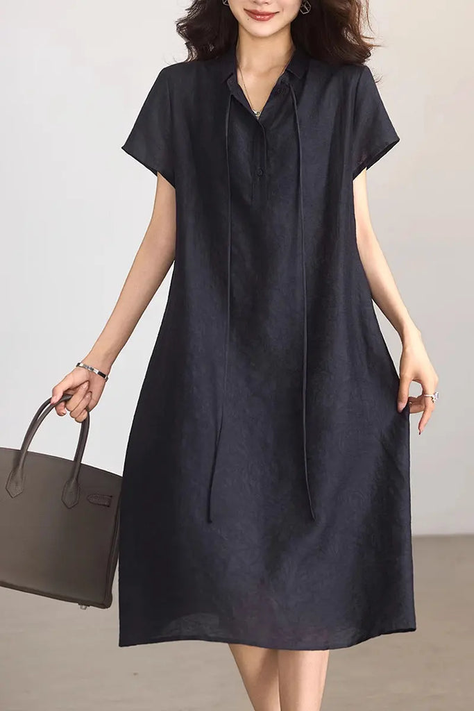 Linen-Blend Jacquard A-Line Shirt Dress in Navy Blue  Fibflx