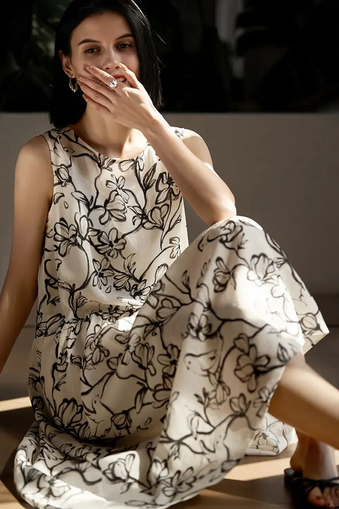 Linen Floral Sleeveless Midi Dress - Fibflx