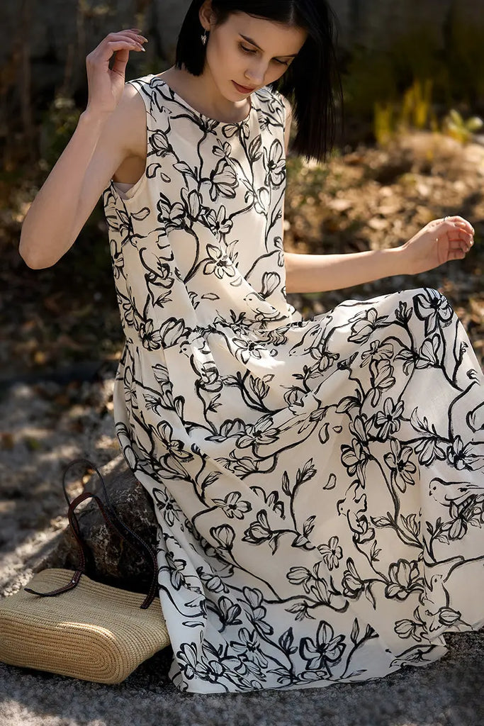 Linen Floral Sleeveless Midi Dress - Fibflx