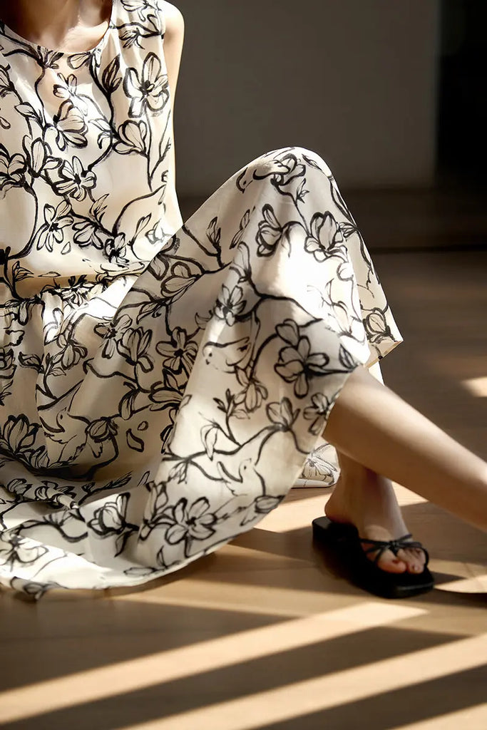 Linen Floral Sleeveless Midi Dress - Fibflx