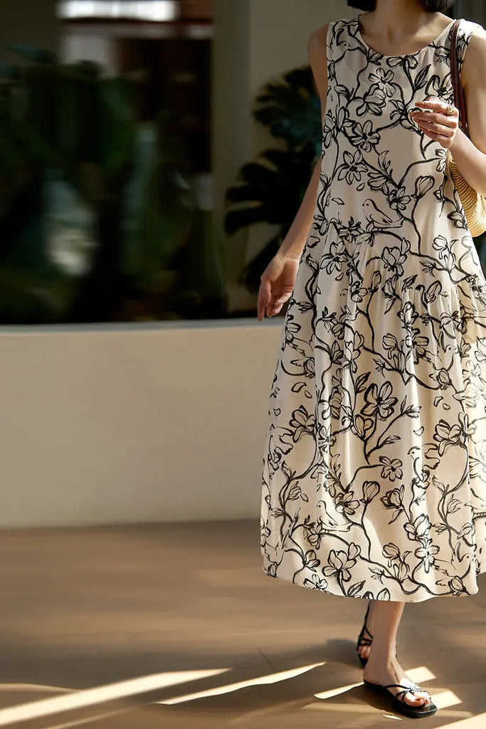Linen Floral Sleeveless Midi Dress - Fibflx