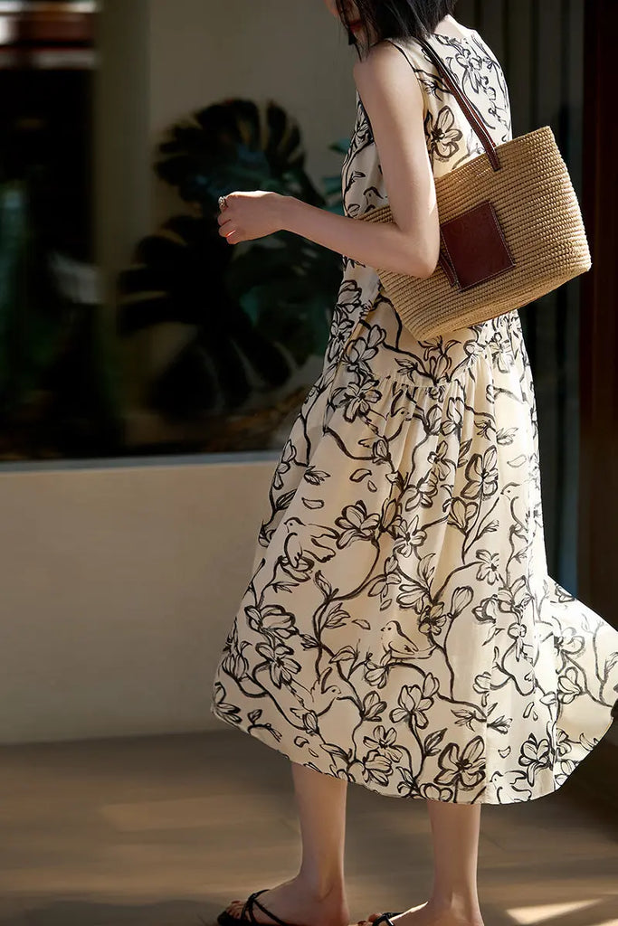 Linen Floral Sleeveless Midi Dress - Fibflx