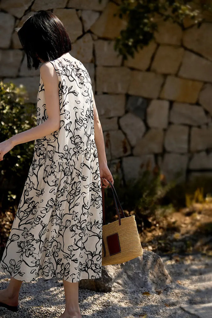 Linen Floral Sleeveless Midi Dress - Fibflx