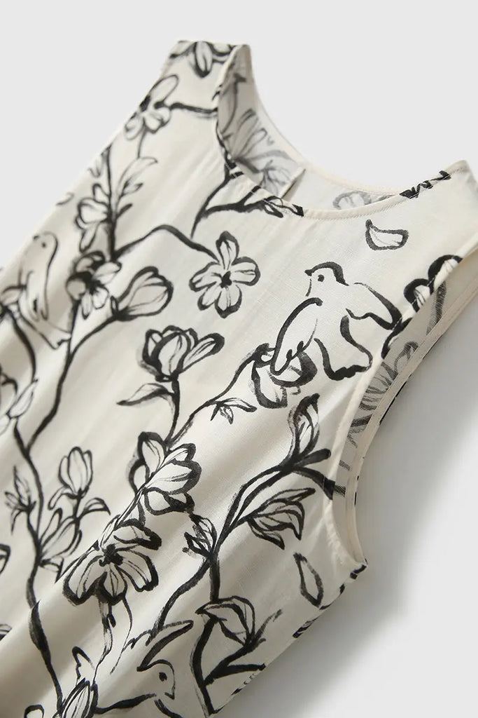 Linen Floral Sleeveless Midi Dress - Fibflx