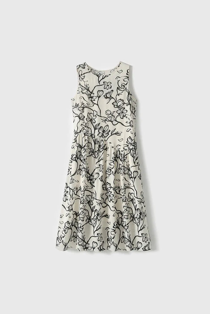 Linen Floral Sleeveless Midi Dress - Fibflx