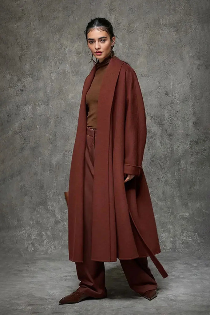 Fibflx Women's Long Australian Wool Belted Double Faced Wrap Coat with Shawl Collar