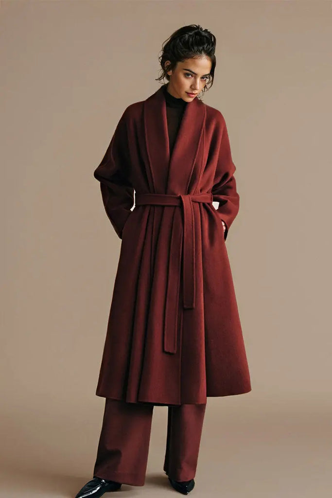 Fibflx Women's Long Australian Wool Belted Double Faced Wrap Coat with Shawl Collar