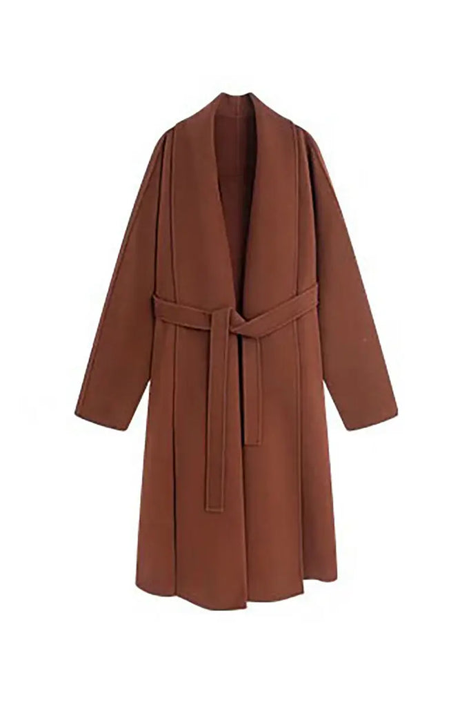 Fibflx Women's Long Australian Wool Belted Double Faced Wrap Coat with Shawl Collar