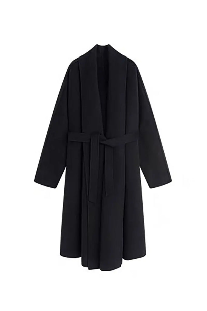 Fibflx Women's Long Australian Wool Belted Double Faced Wrap Coat with Shawl Collar