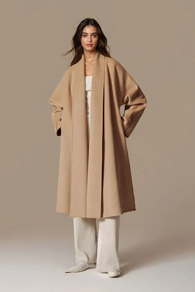 Fibflx Women's Long Australian Wool Belted Double Faced Wrap Coat with Shawl Collar