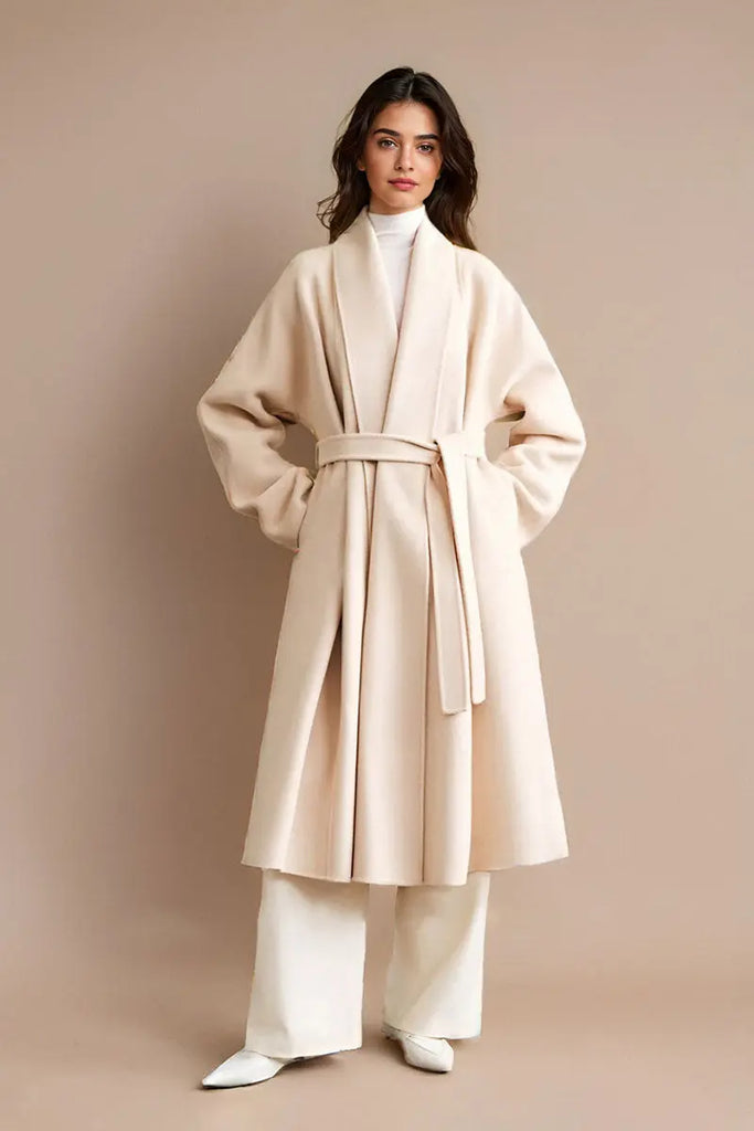 Fibflx Women's Long Australian Wool Belted Double Faced Wrap Coat with Shawl Collar