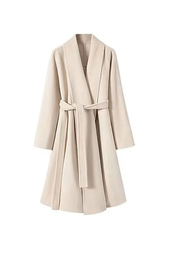 Fibflx Women's Long Australian Wool Belted Double Faced Wrap Coat with Shawl Collar
