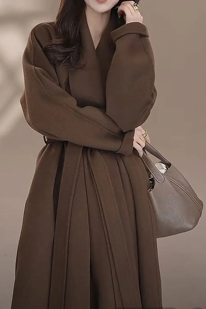 Fibflx Women's Long Australian Wool Belted Double Faced Wrap Coat with Shawl Collar