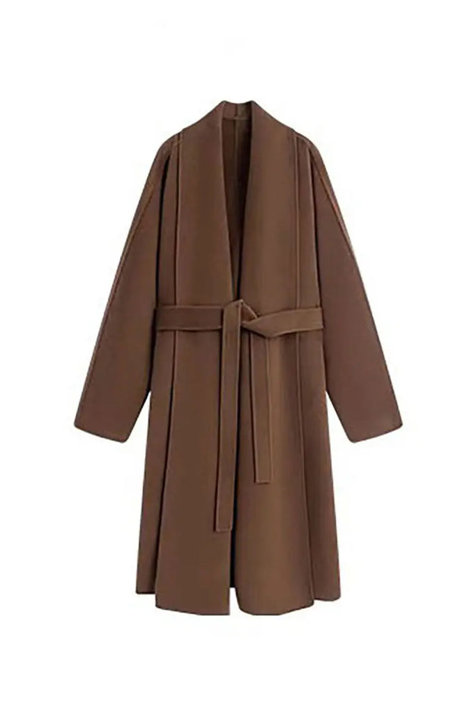 Fibflx Women's Long Australian Wool Belted Double Faced Wrap Coat with Shawl Collar