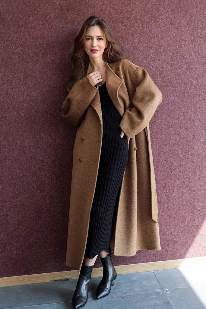 Fibflx Women's Long Australian Wool Blend Double Breasted Belted Coat with Stand-Up Collar