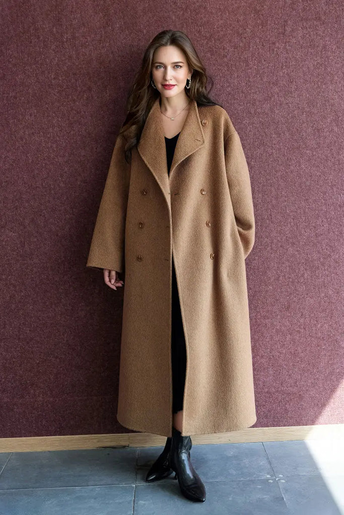 Fibflx Women's Long Australian Wool Blend Double Breasted Belted Coat with Stand-Up Collar