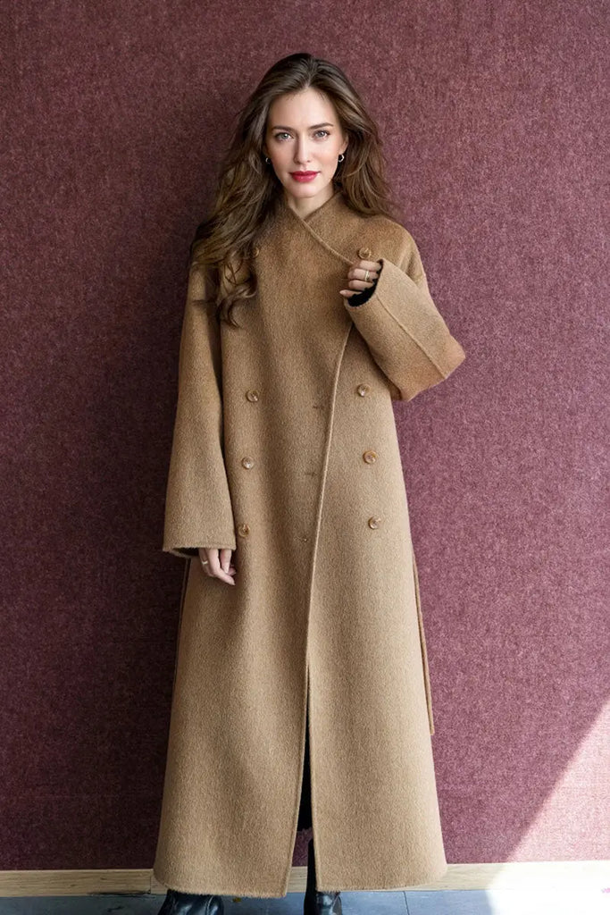 Fibflx Women's Long Australian Wool Blend Double Breasted Belted Coat with Stand-Up Collar
