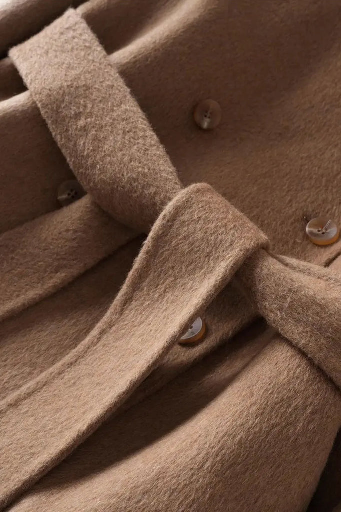 Fibflx Women's Long Australian Wool Blend Double Breasted Belted Coat with Stand-Up Collar