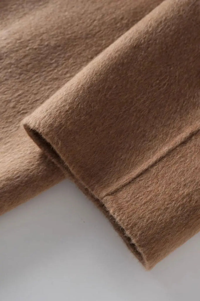 Fibflx Women's Long Australian Wool Blend Double Breasted Belted Coat with Stand-Up Collar