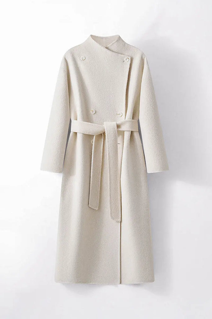 Fibflx Women's Long Australian Wool Blend Double Breasted Belted Coat with Stand-Up Collar