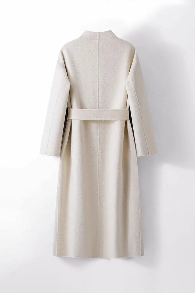 Fibflx Women's Long Australian Wool Blend Double Breasted Belted Coat with Stand-Up Collar