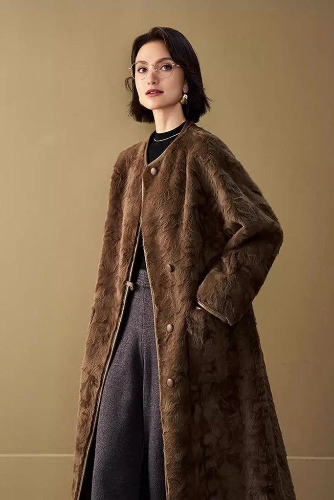 Fibflx Women's Long Collarless Faux Shearling Coat