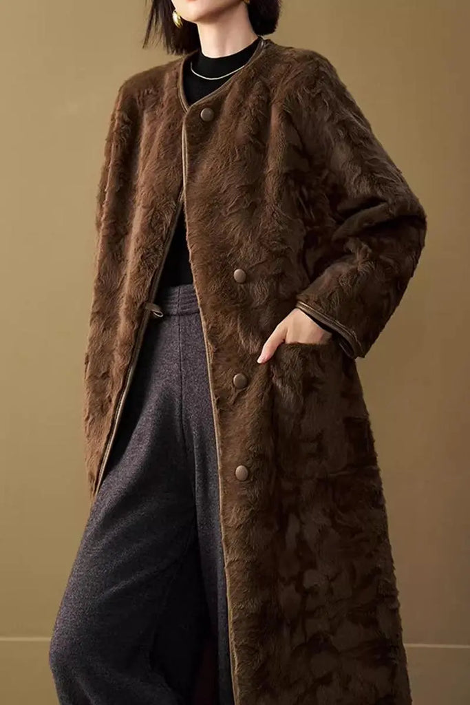 Fibflx Women's Long Collarless Faux Shearling Coat