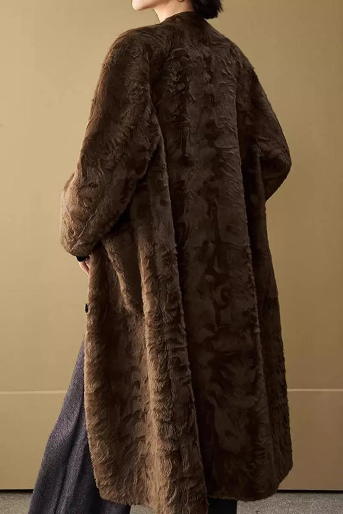 Fibflx Women's Long Collarless Faux Shearling Coat