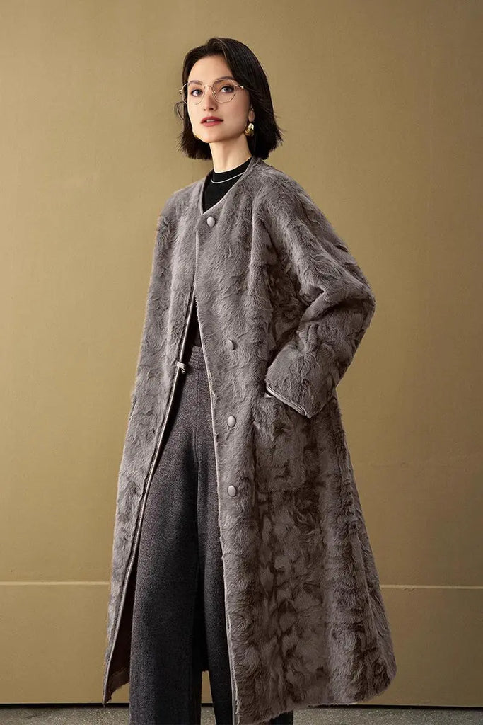 Fibflx Women's Long Collarless Faux Shearling Coat