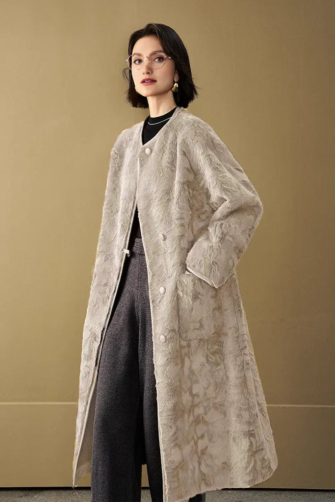 Fibflx Women's Long Collarless Faux Shearling Coat